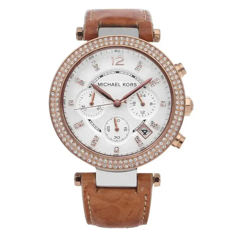 Michael Kors MK5633 Parker Chronograph White Dial Tan Leather Strap Watch for Women Michael Kros