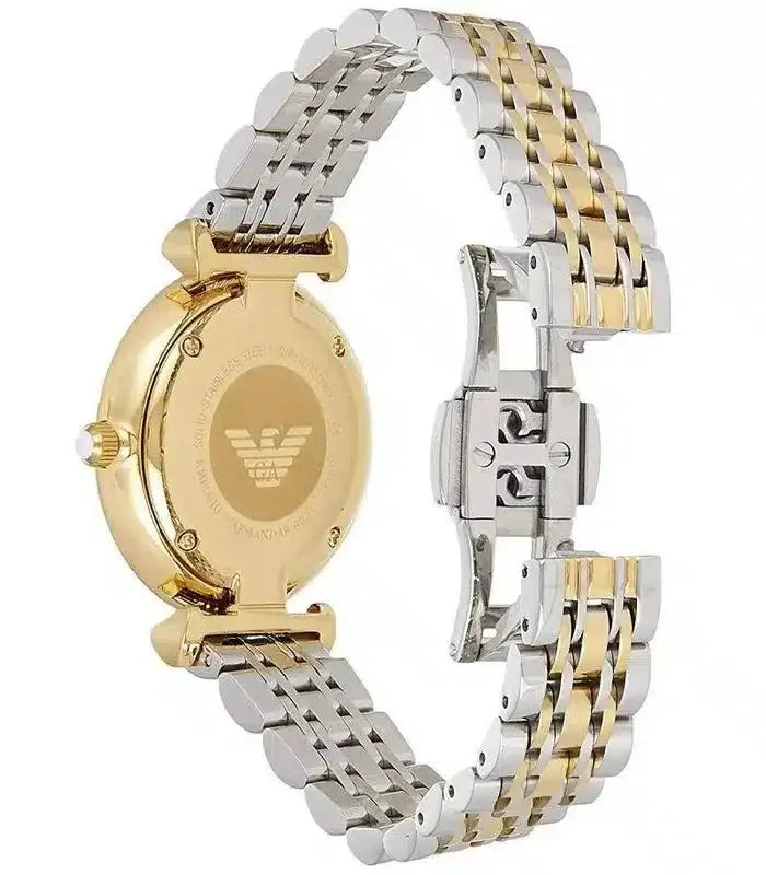Emporio Armani AR2076 Gianni T Bar Analog White Dial Two Tone Steel Strap Watch For Women Emporio Armani