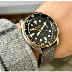 Seiko SSK036K1 5 Sports SKX GMT Automatic Mocha Black Dial Brown Leather Strap Watch For Men Seiko