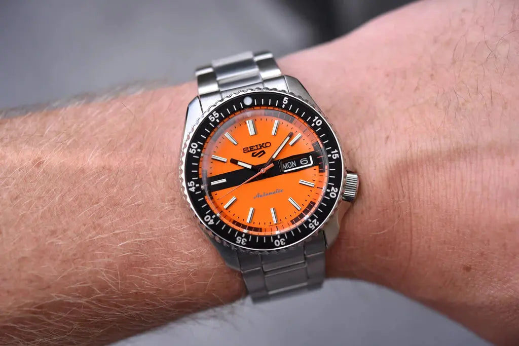 Seiko SRPK11K1 5 Sports Double Hurricane Retro Orange Dial Silver Steel Strap Watch For Men Seiko