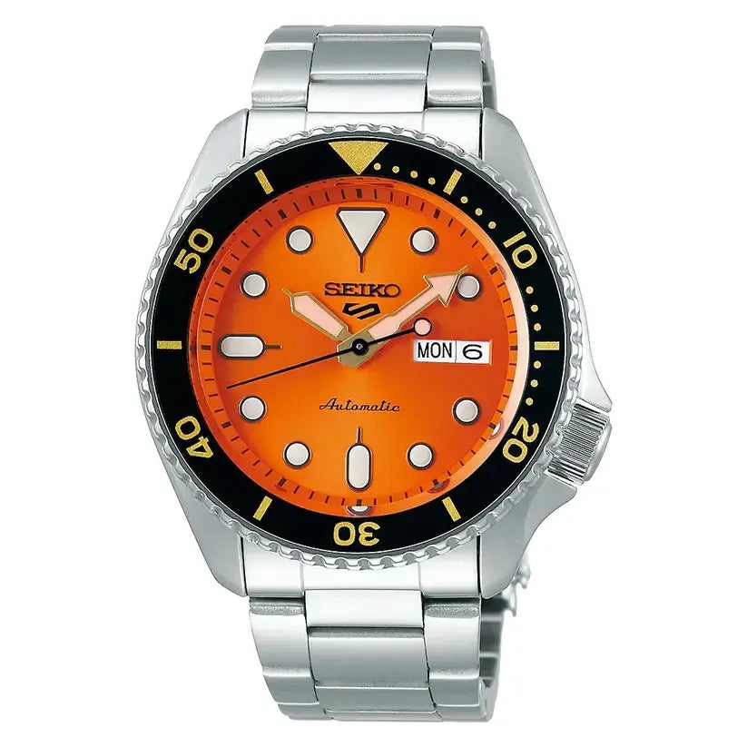Seiko SRPD59K1 5 Sports Automatic Orange Dial Silver Steel Strap Watch For Men Seiko