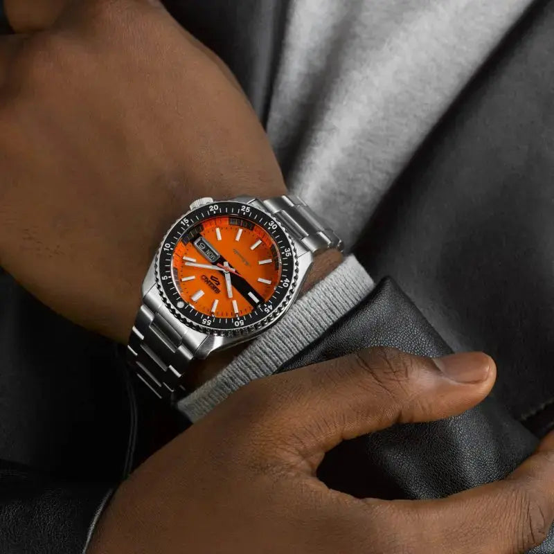 Seiko SRPK11K1 5 Sports Double Hurricane Retro Orange Dial Silver Steel Strap Watch For Men Seiko