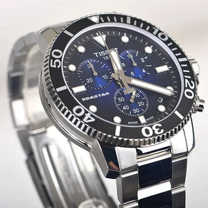 Tissot T120.417.11.041.01 Seastar 1000 Chronograph Driver Blue Dial Silver Steel Strap Watch For Men Tissot