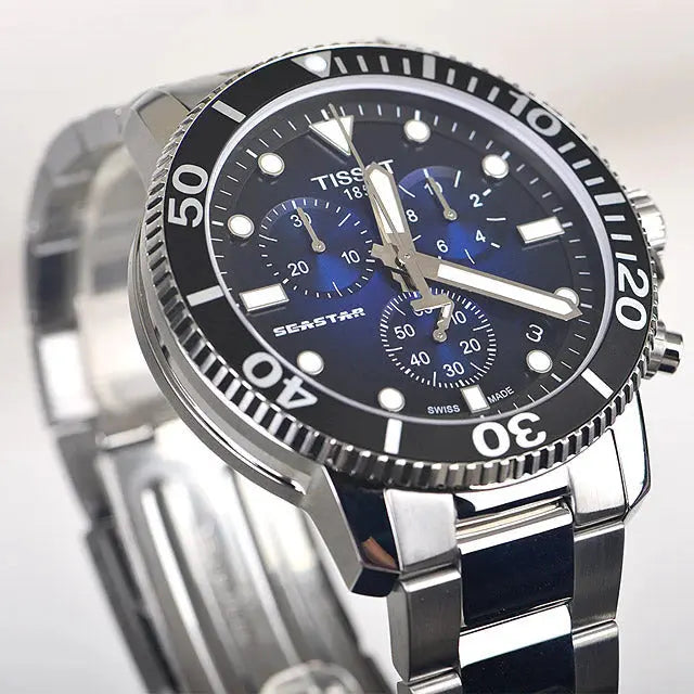 Tissot T120.417.11.041.01 Seastar 1000 Chronograph Driver Blue Dial Silver Steel Strap Watch For Men Tissot