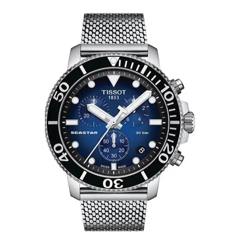 Tissot T120.417.11.041.02 Seastar 1000 Chronograph Blue Dial Silver Mesh Bracelet Watch For Men Tissot