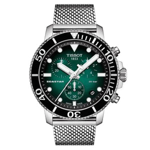 Tissot T120.417.11.091.00 Seastar 1000 Chronograph Green Dial Silver Mesh Bracelet Watch For Men Tissot