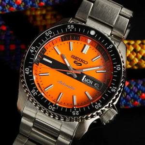 Seiko SRPK11K1 5 Sports Double Hurricane Retro Orange Dial Silver Steel Strap Watch For Men Seiko