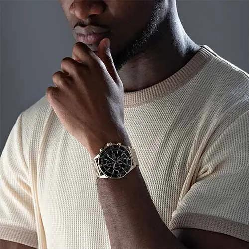 Hugo Boss 1513703 Ocean Edition Black Dial Gold Mesh Bracelet Watch for Men Hugo Boss