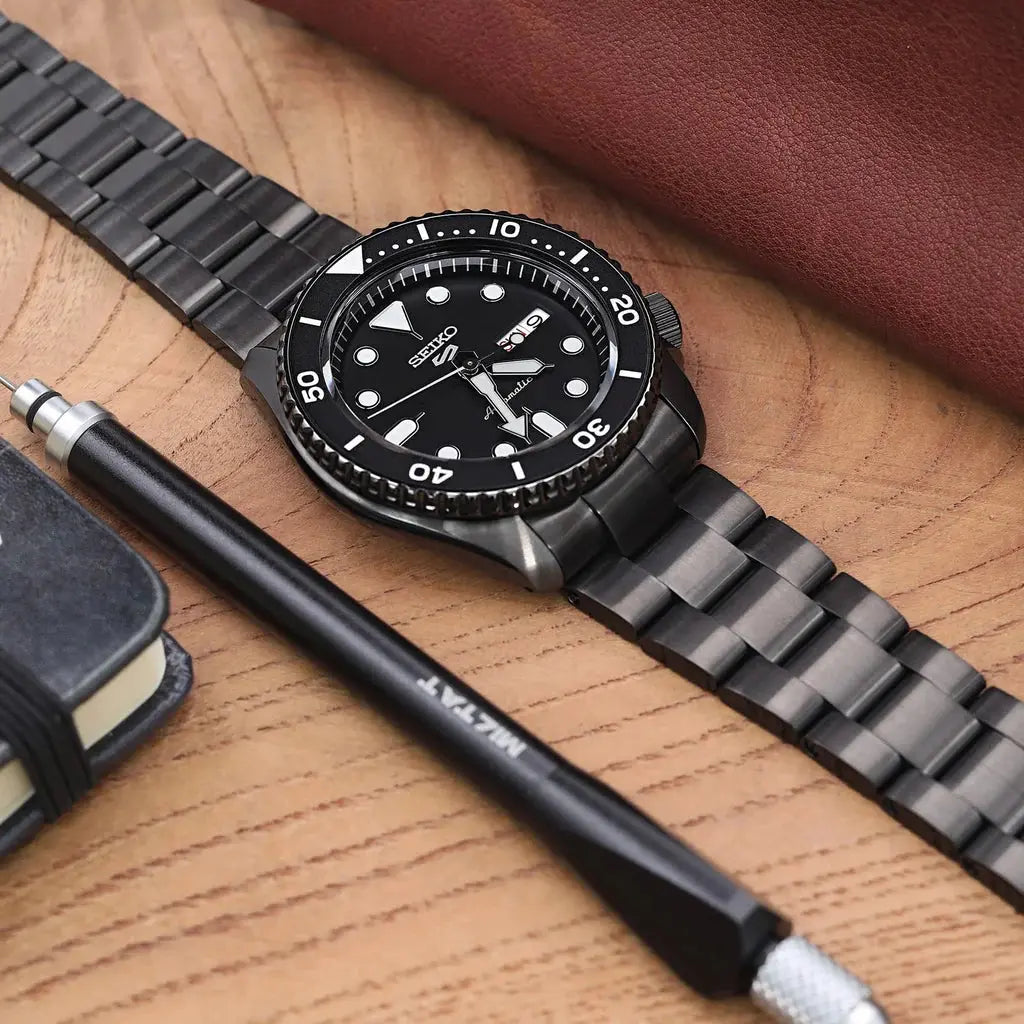 Seiko SRPD65K1 5 Sports Automatic Black Dial Black Steel Strap Watch For Men Seiko