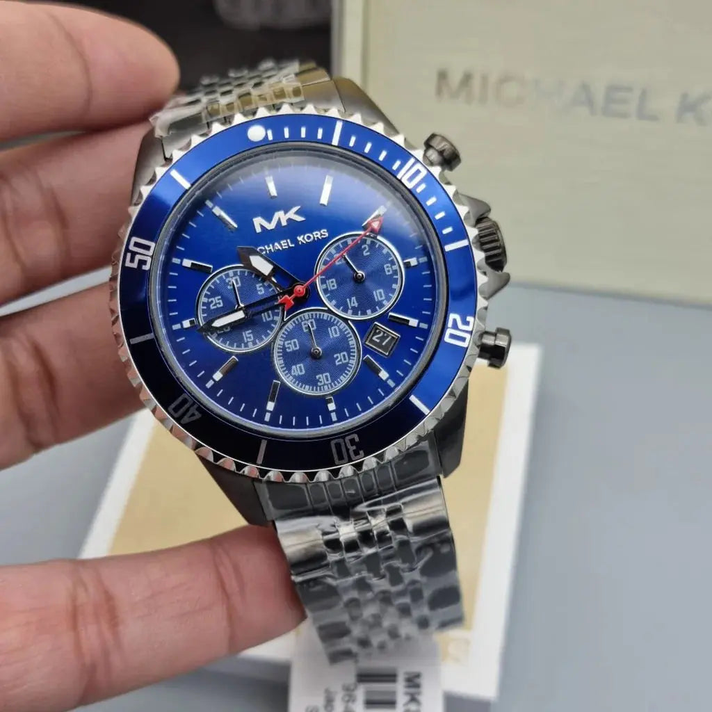 Michael Kors MK8727 Bayville Chronograph Blue Dial Grey Steel Strap Watch For Men Michael Kros
