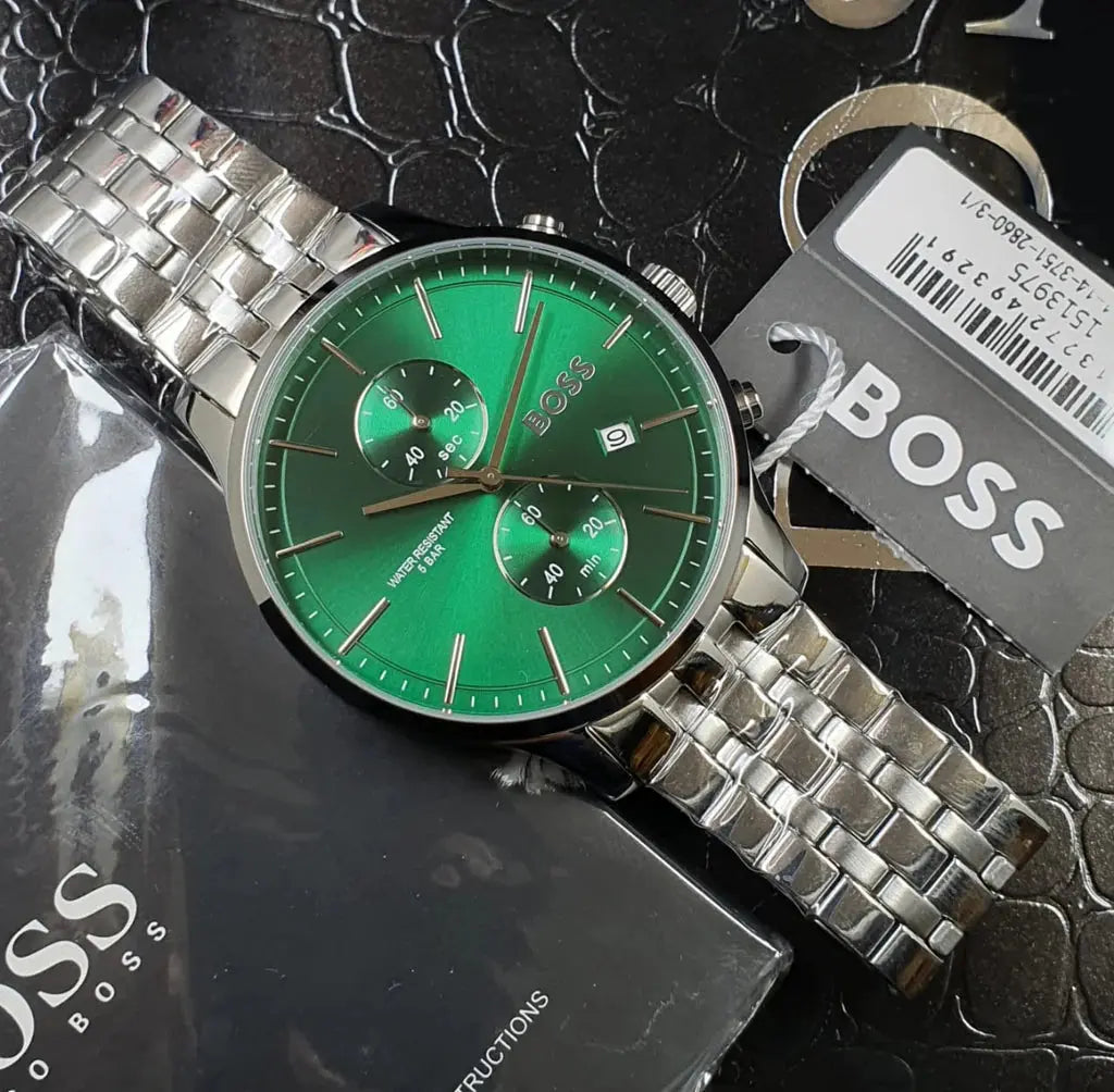 Hugo Boss 1513975 Associate Green Dial Silver Steel Strap Watch for Men Hugo Boss