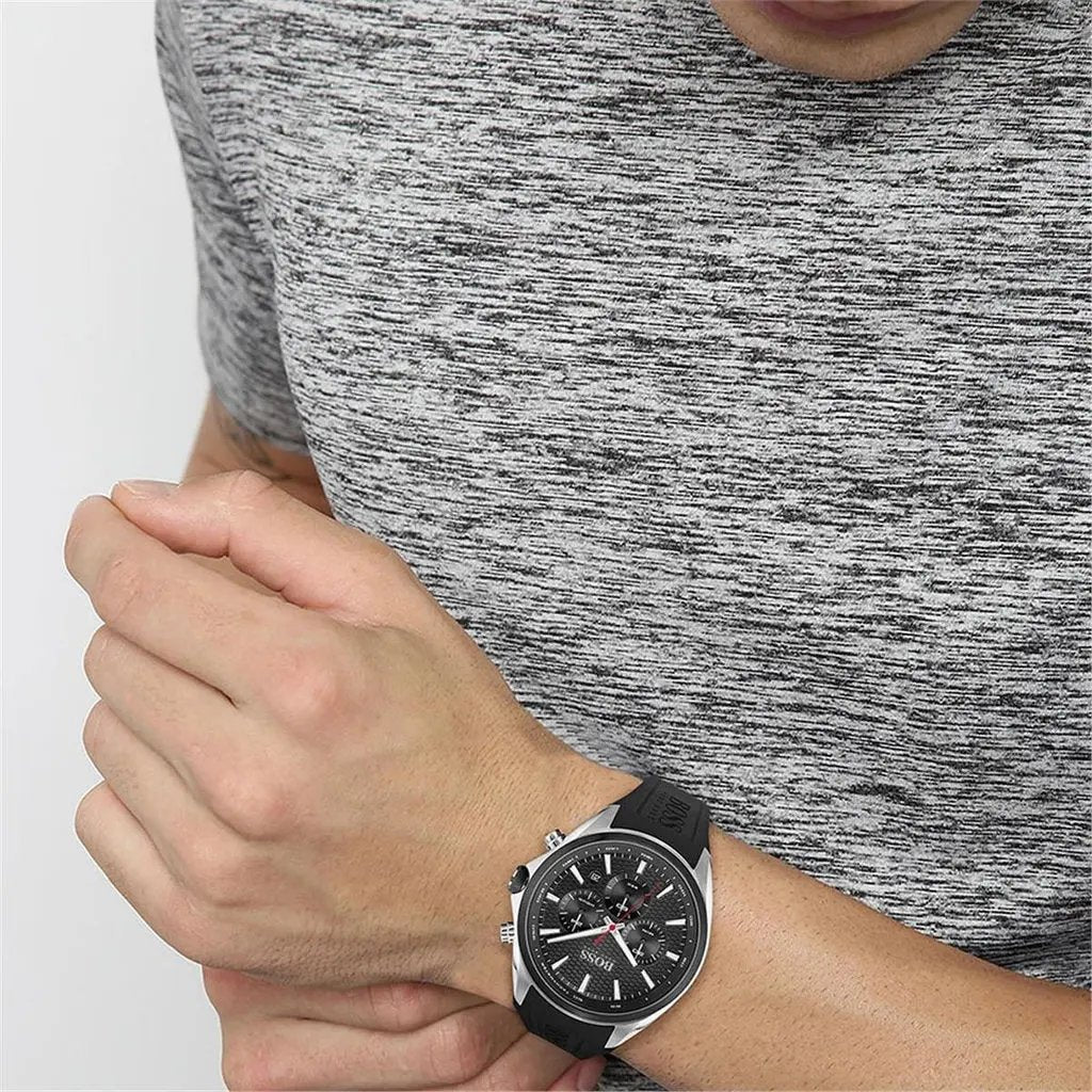 Hugo Boss 1513855 Distinct Black Dial Black Rubber Strap Watch for Men Hugo Boss