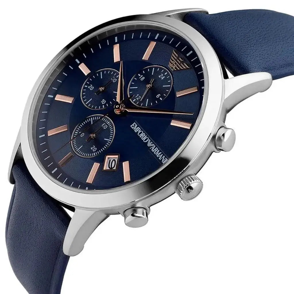 Emporio Armani AR11216 Renato Chronograph Blue Dial Black Leather Strap Watch For Men Emporio Armani