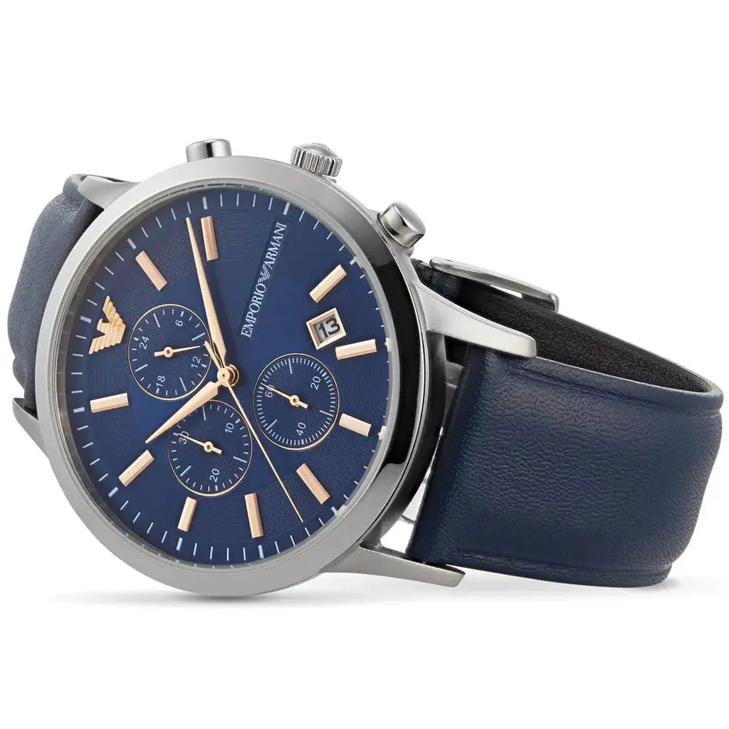 Emporio Armani AR11216 Renato Chronograph Blue Dial Black Leather Strap Watch For Men Emporio Armani