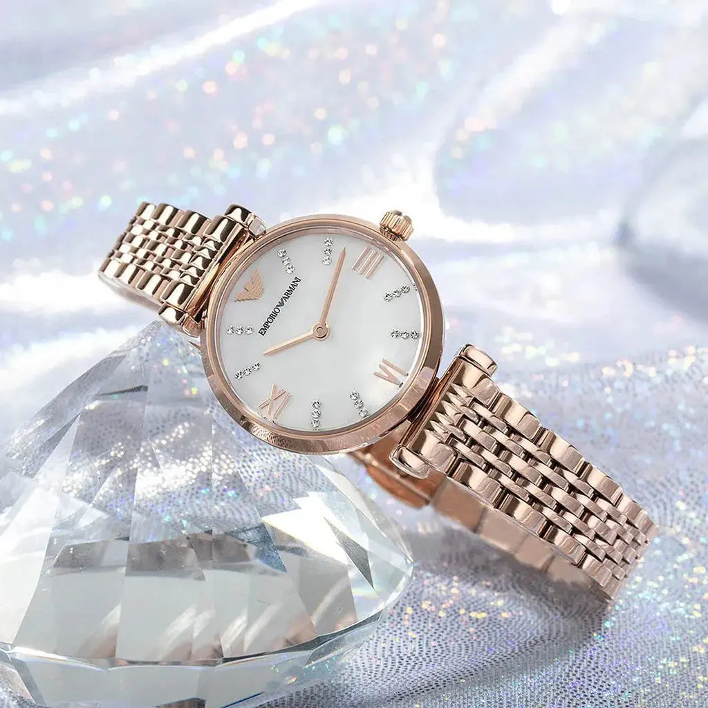 Emporio Armani AR11316 Gianni T-Bar Mother of Pearl Dial Rose Gold Steel Strap Watch For Women Emporio Armani