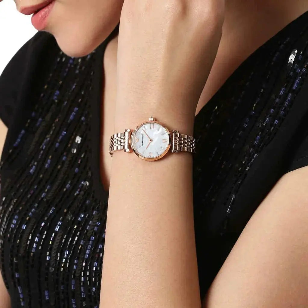 Emporio Armani AR11316 Gianni T-Bar Mother of Pearl Dial Rose Gold Steel Strap Watch For Women Emporio Armani