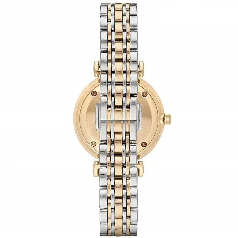 Emporio Armani AR2076 Gianni T Bar Analog White Dial Two Tone Steel Strap Watch For Women Emporio Armani