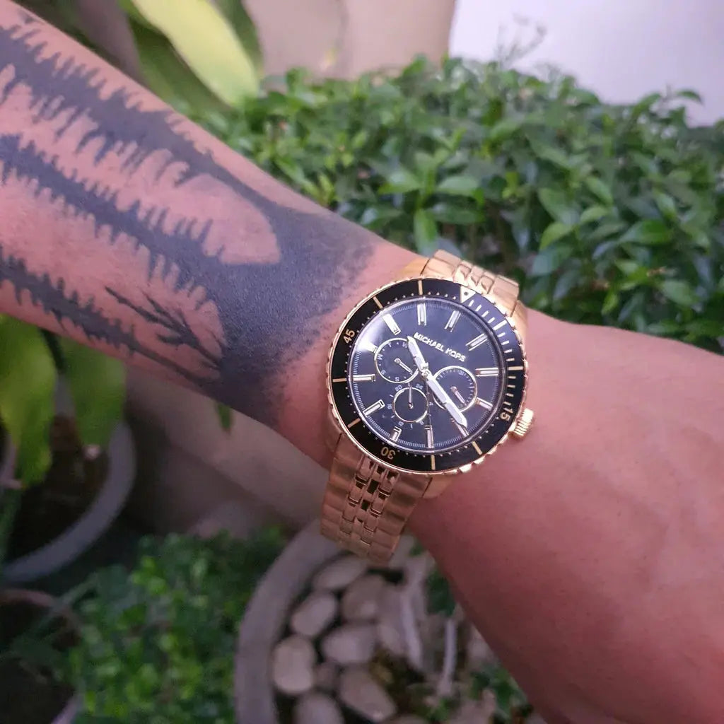 Michael Kors MK7154 Cunningham Multifunction Black Dial Gold Steel Strap Watch For Men Michael Kros