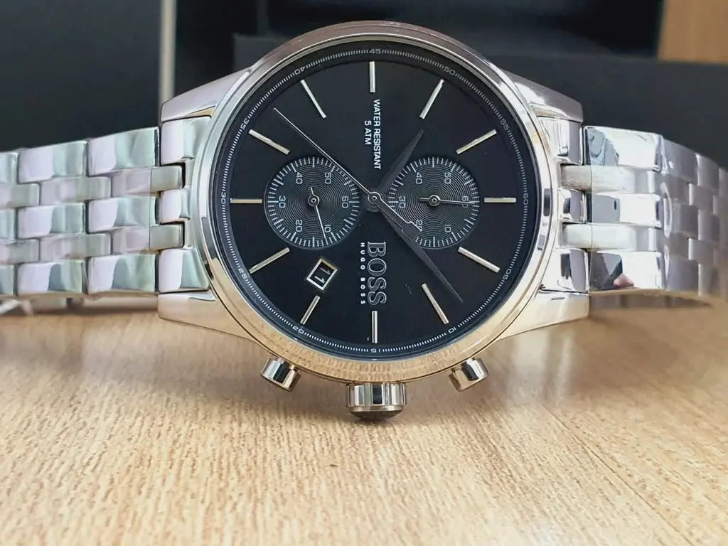 Hugo Boss 1513383 Jet Black Dial Silver Steel Strap Watch for Men Hugo Boss