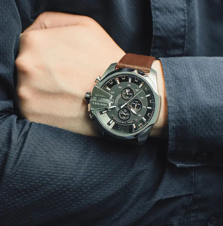 Diesel DZ4290 Mega Chief Chronograph Black Dial Brown Leather Strap Watch For Men Diesel