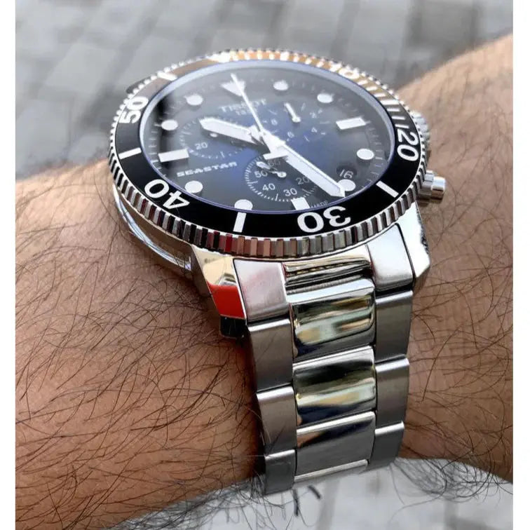 Tissot T120.417.11.041.02 Seastar 1000 Chronograph Blue Dial Silver Mesh Bracelet Watch For Men Tissot