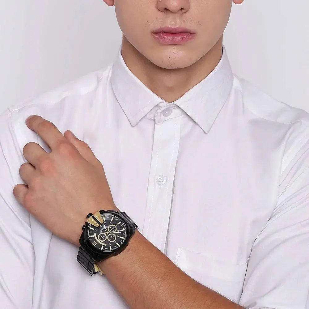 Diesel DZ4338 Mega Chief Chronograph Black Dial Black Steel Strap Watch For Men Diesel