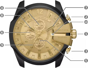 Diesel DZ4485 Mega Chief Chronograph Gold Dial Black Steel Strap Watch For Men Diesel