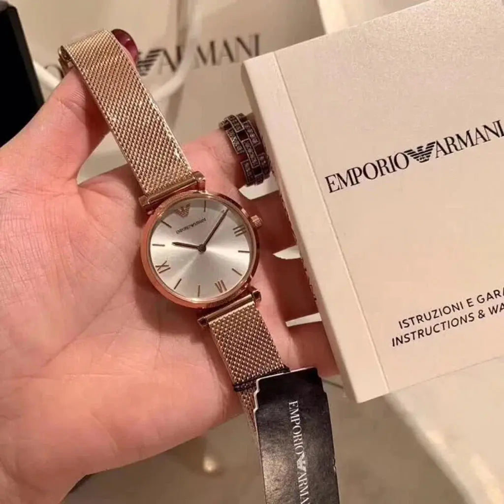 Emporio Armani AR1956 Gianni T Bar Silver Dial Rose Gold Mesh Bracelet Watch For Women Emporio Armani
