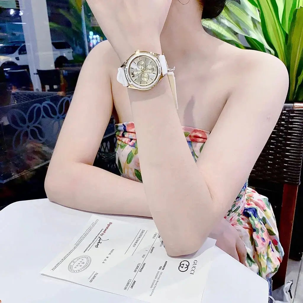 Michael Kors MK7267 Jessa Quartz Gold Dial White Silicone Strap Watch For Women Michael Kros