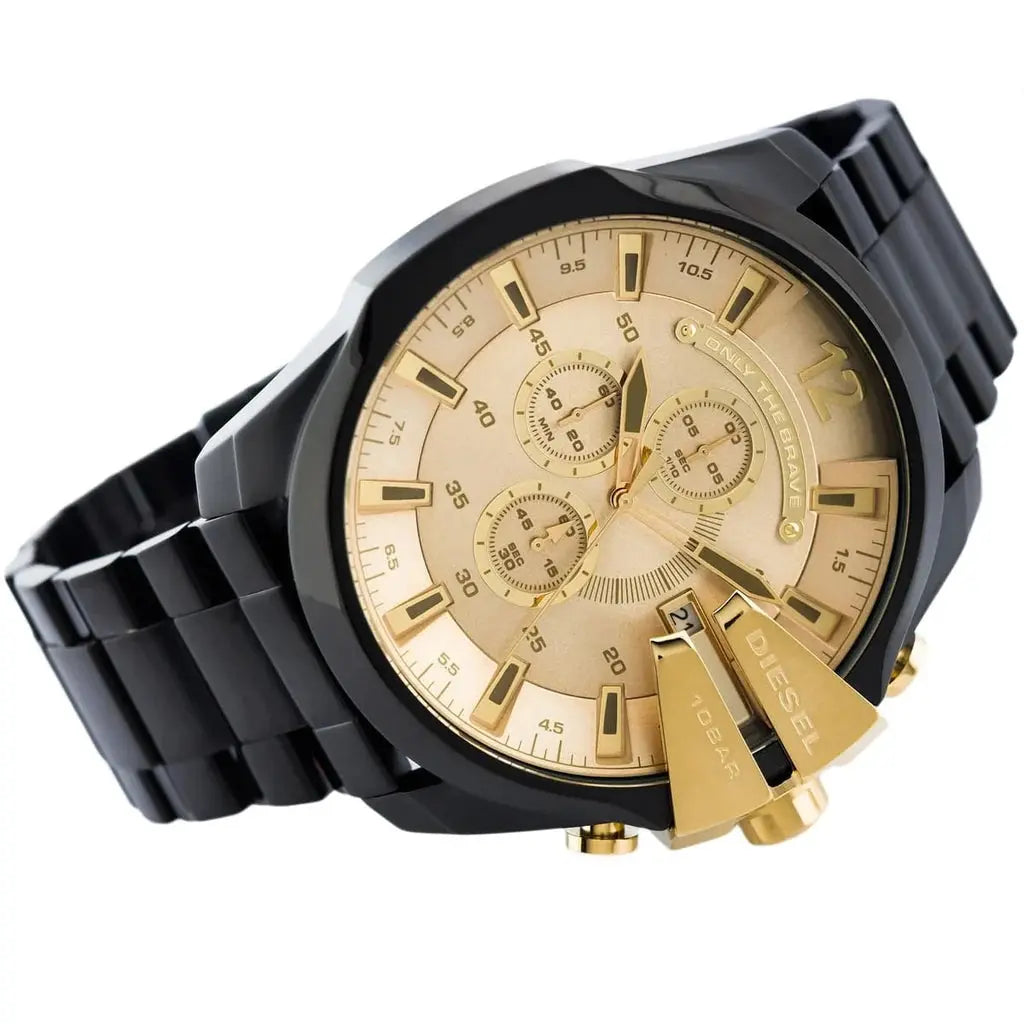 Diesel DZ4485 Mega Chief Chronograph Gold Dial Black Steel Strap Watch For Men Diesel