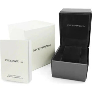 Emporio Armani watch presentation box, instruction manual, and guarantee card set