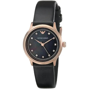 Ladies black leather watch with rose gold case and diamond hour markers on dark round dial