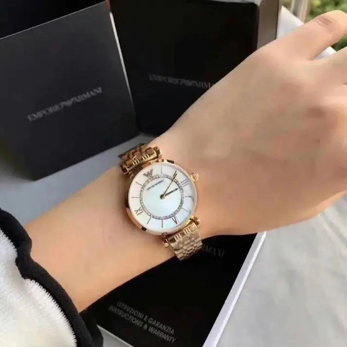 Emporio Armani AR1907 Mother of Pearl Dial Gold-Tone Stainless Steel Ladies Watch Emporio Armani