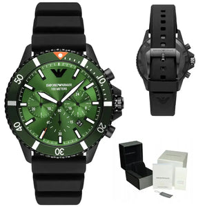 Emporio Armani AR11463 Diver Chronograph Quartz Green Dial Black Silicon Strap Watch For Men Emporio Armani