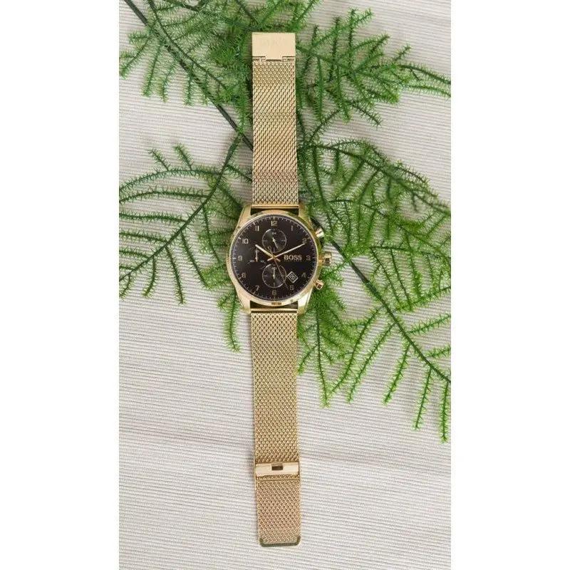 Hugo Boss 1513838 Skymaster Black Dial Gold Mesh Bracelet Watch for Men Hugo Boss