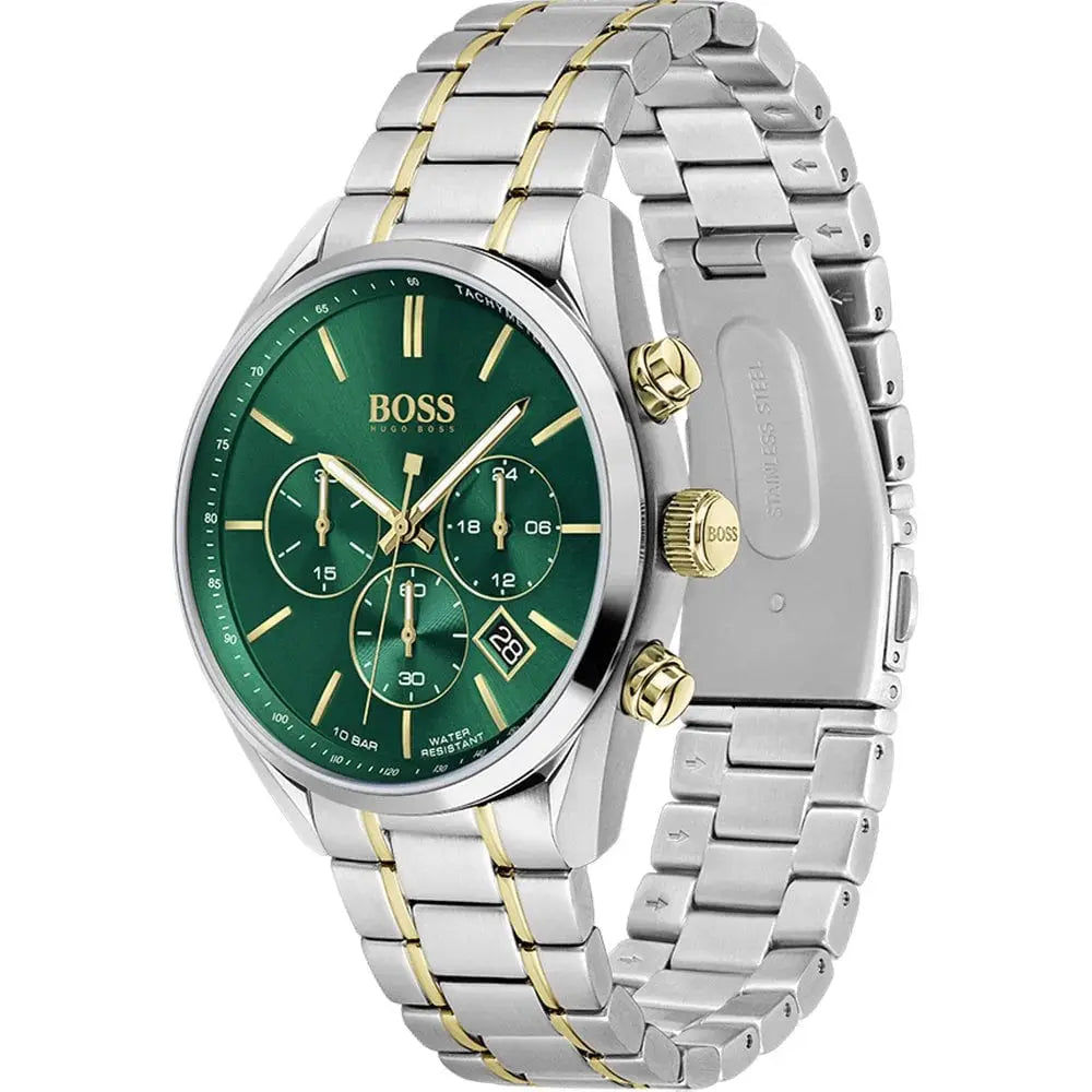 Hugo Boss 1513878 Champion Chronograph Green Dial Two Tone Steel Strap Watch for Men Hugo Boss