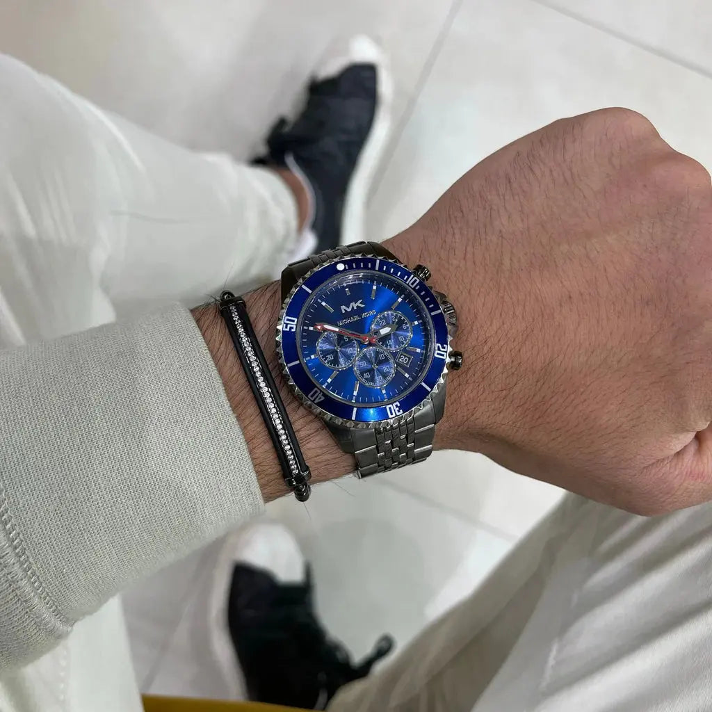 Michael Kors MK8727 Bayville Chronograph Blue Dial Grey Steel Strap Watch For Men Michael Kros