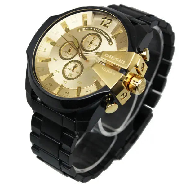 Diesel DZ4485 Mega Chief Chronograph Gold Dial Black Steel Strap Watch For Men Diesel