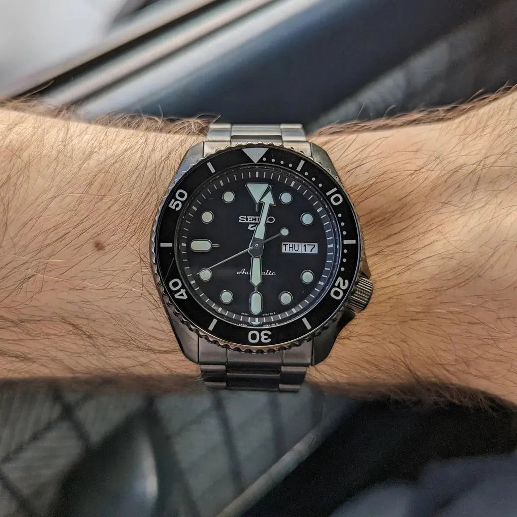 Seiko SRPD65K1 5 Sports Automatic Black Dial Black Steel Strap Watch For Men Seiko