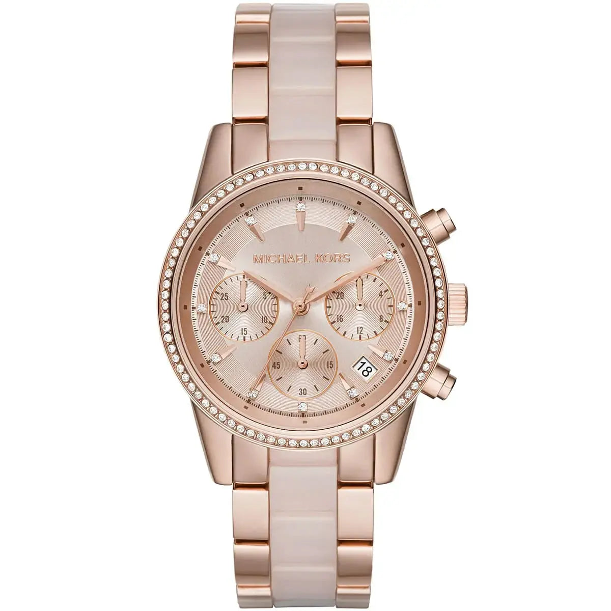 Rose gold watch with detailed face on a white background