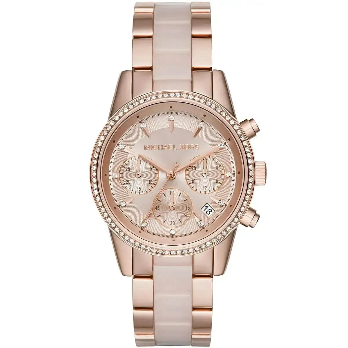 Rose gold watch with detailed face on a white background