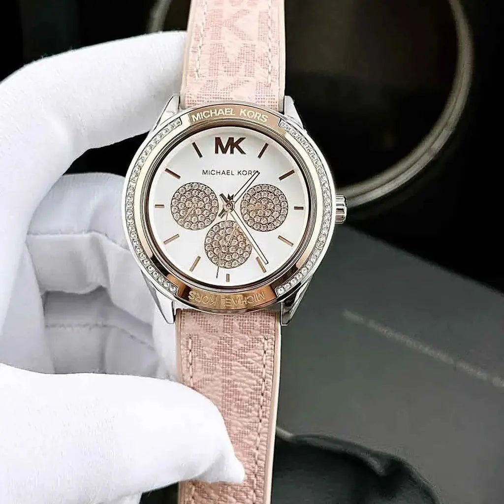 Michael Kors MK7206 Multifunction Silver Dial Pink Leather Strap Watch For Women Michael Kros