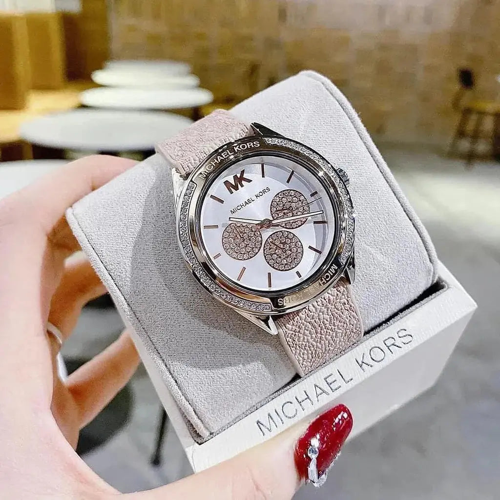 Michael Kors MK7206 Multifunction Silver Dial Pink Leather Strap Watch For Women Michael Kros