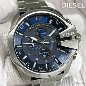 Diesel DZ4417 Mega Chief Chronograph Blue Dial Silver Steel Strap Watch For Men Diesel