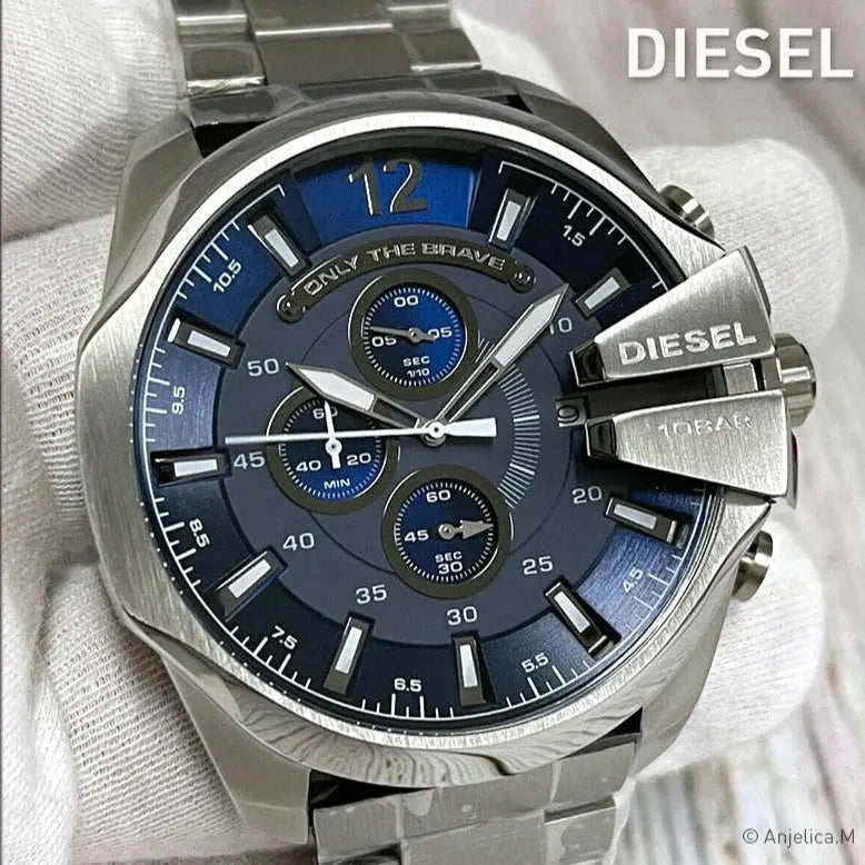 Diesel DZ4417 Mega Chief Chronograph Blue Dial Silver Steel Strap Watch For Men Diesel