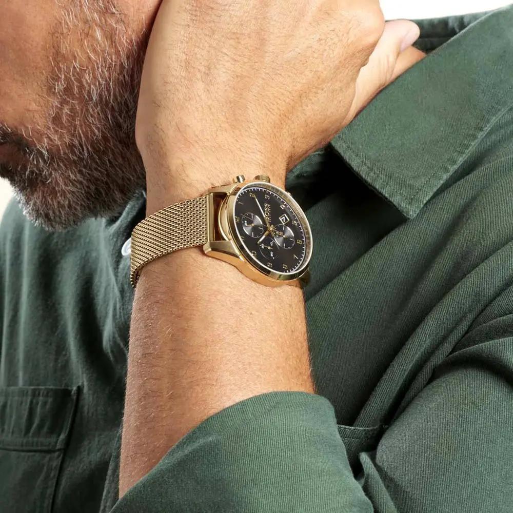 Hugo Boss 1513838 Skymaster Black Dial Gold Mesh Bracelet Watch for Men Hugo Boss