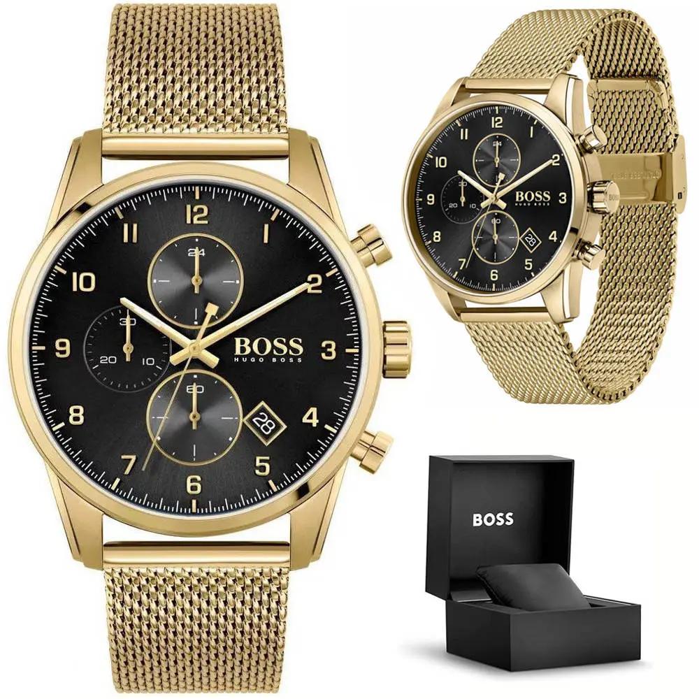 Hugo Boss 1513838 Skymaster Black Dial Gold Mesh Bracelet Watch for Men Hugo Boss