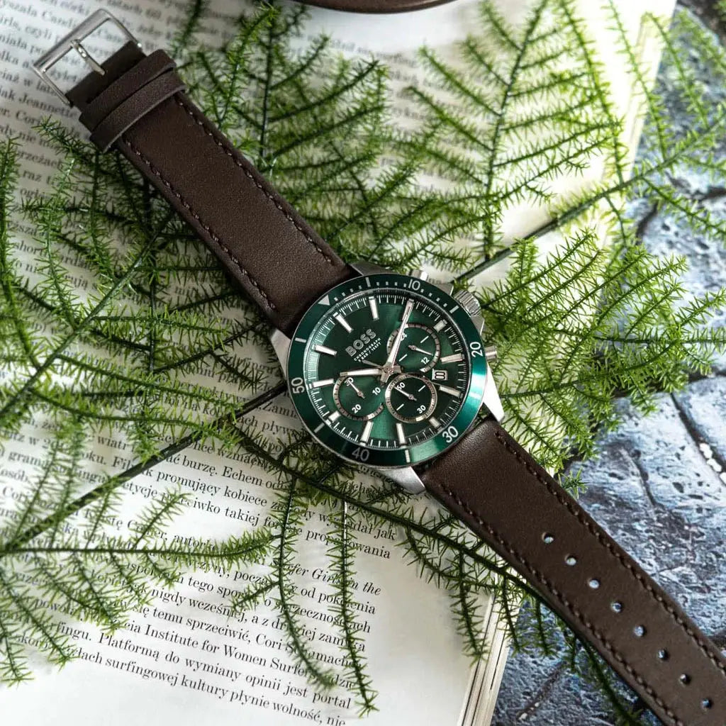 Hugo Boss 1514098 Troper Chronograph Green Dial Brown Leather Strap Watch For Men Hugo Boss