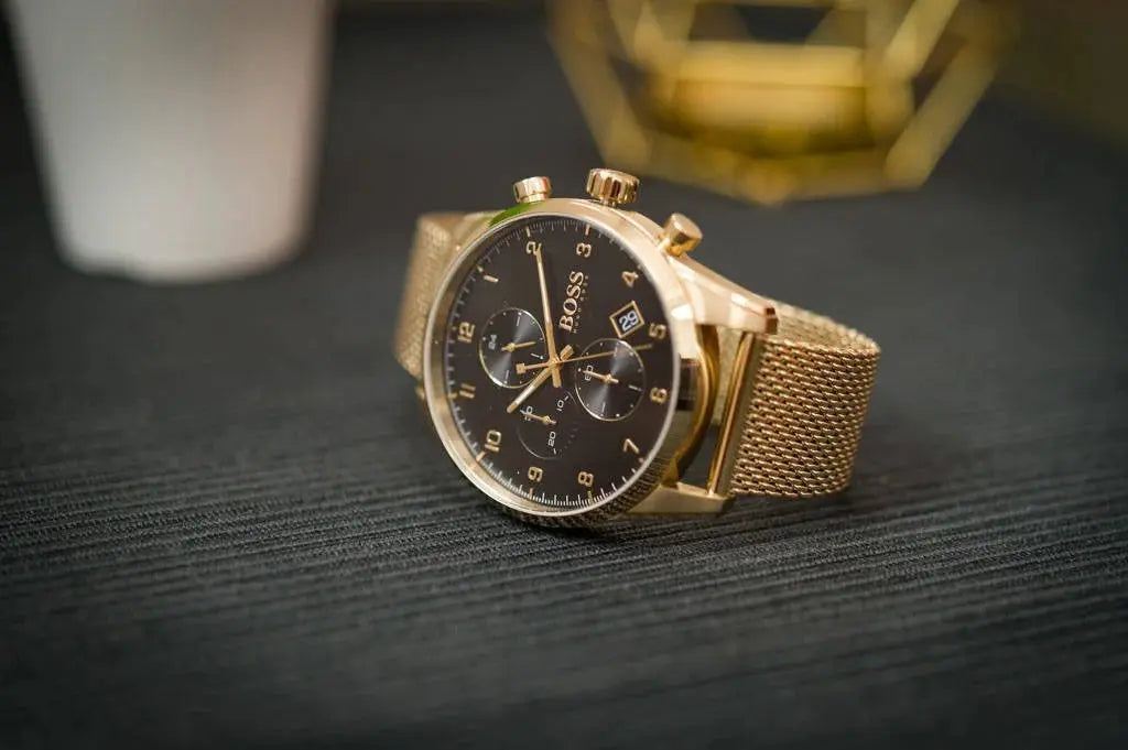 Hugo Boss 1513838 Skymaster Black Dial Gold Mesh Bracelet Watch for Men Hugo Boss