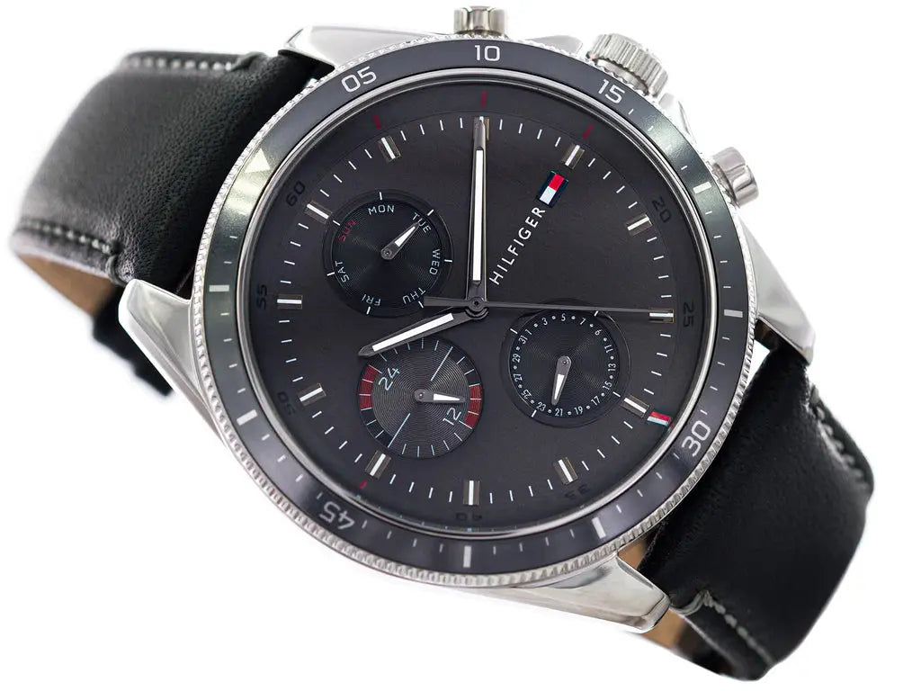 Tommy Hilfiger 1791838 Parker Chronograph Quartz Grey Dial Black Leather Strap Watch For Men Tommy Hilfiger